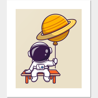 Cute Astronaut Sitting And Holding Planet Balloon Cartoon Posters and Art